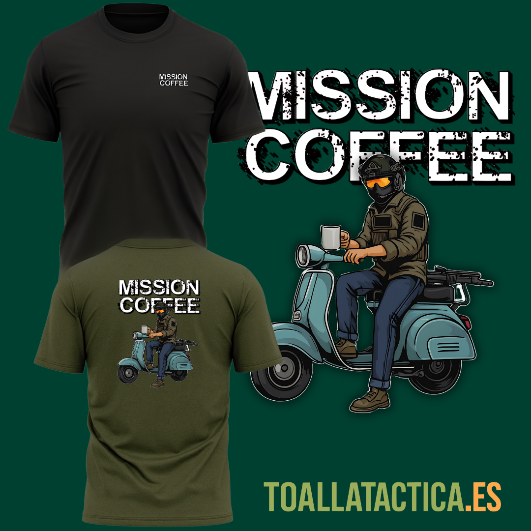 Camiseta táctica Mission Coffee en negro y verde militar con ilustración de operador armado en moto clásica sosteniendo una taza de café.
