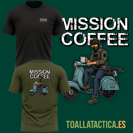 Camiseta táctica Mission Coffee en negro y verde militar con ilustración de operador armado en moto clásica sosteniendo una taza de café.
