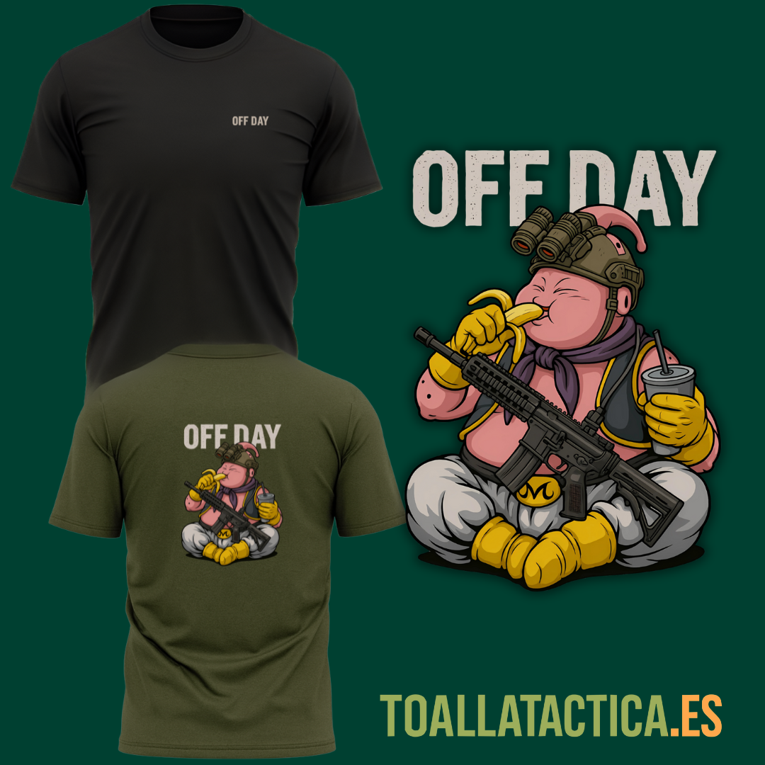 Camiseta táctica Off Day en negro y verde militar con ilustración de operador táctico comiendo y bebiendo en modo descanso