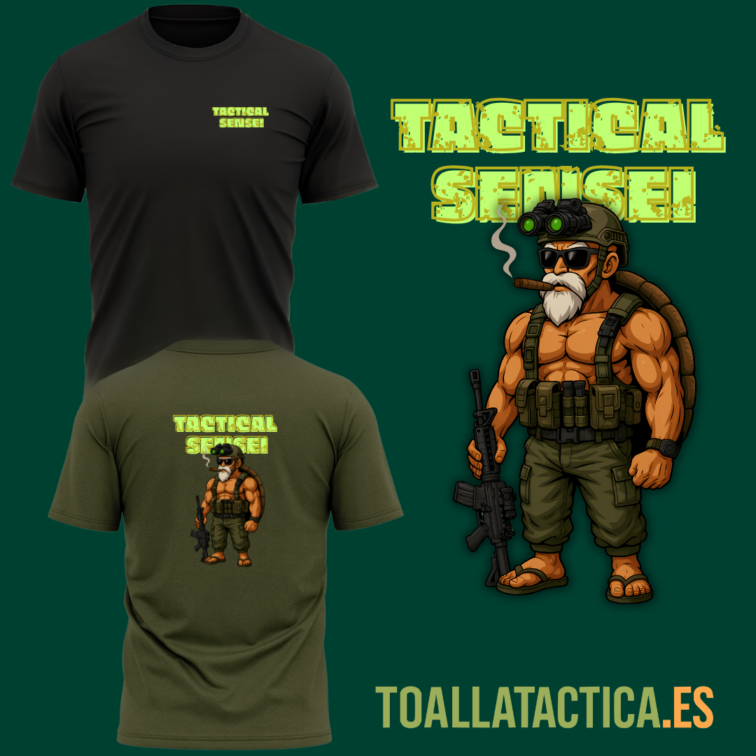 Camiseta táctica Tactical Sensei en negro y verde militar con ilustración de veterano operador armado y con equipo táctico completo