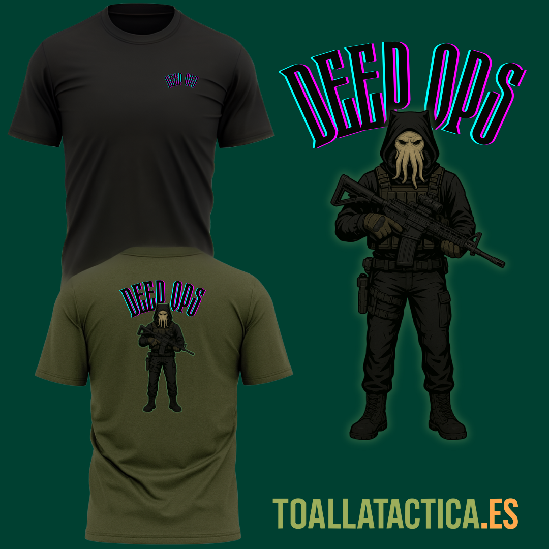 Camiseta táctica Deep Ops en negro y verde militar con ilustración de operador armado con máscara de tentaculos y equipo táctico completo