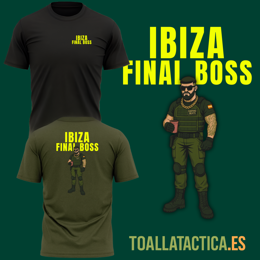 Camiseta táctica Ibiza Final Boss en negro y verde militar con ilustración de operador con chaleco táctico, gafas de sol y bebida en mano.