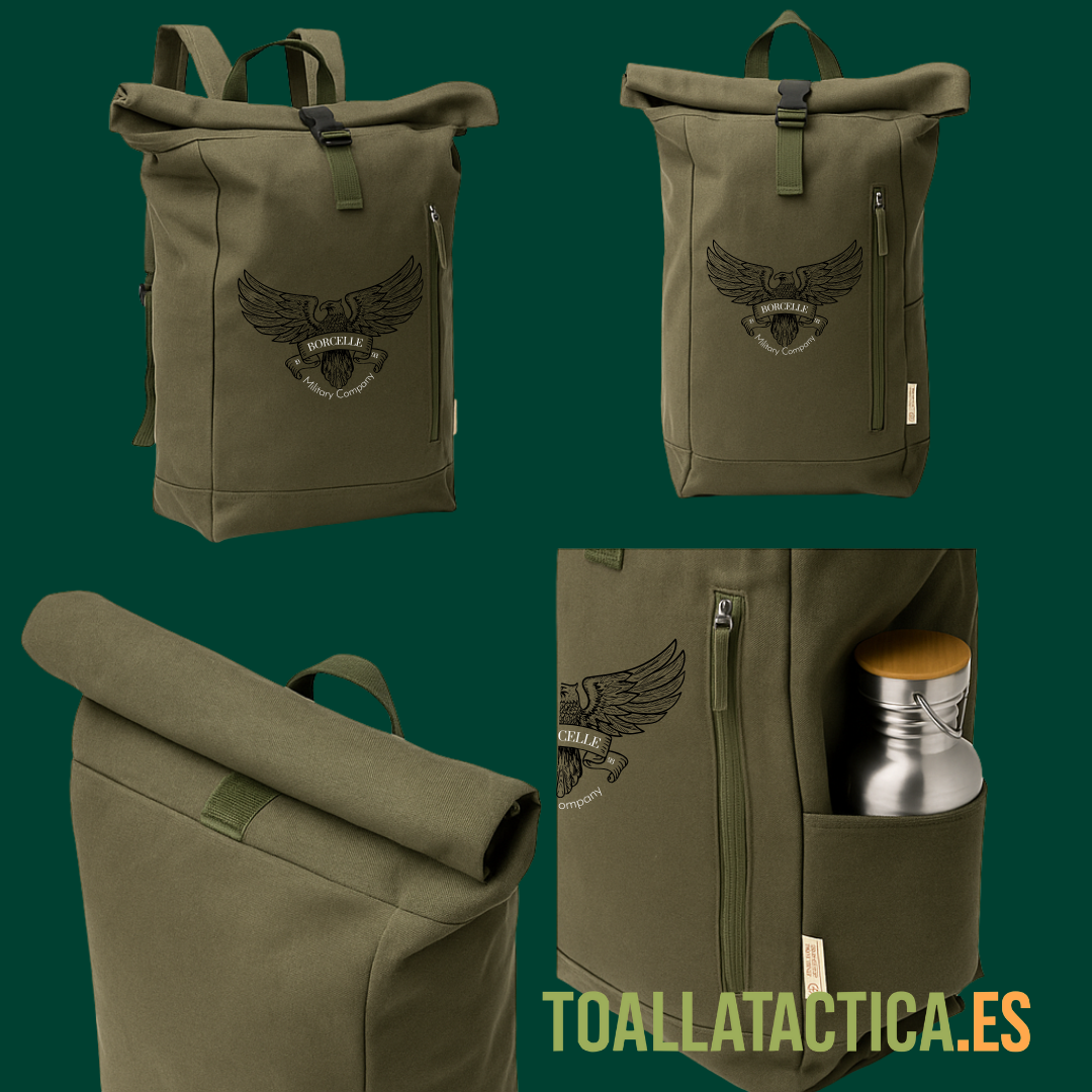 Mochila táctica militar verde Military Company con cierre enrollable y bolsillos laterales.