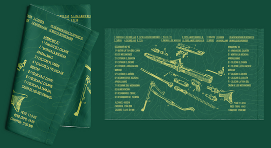 Toalla táctica verde 30x60 con diseño del despiece de la ametralladora MG-42, doble cara para mantenimiento y limpieza.