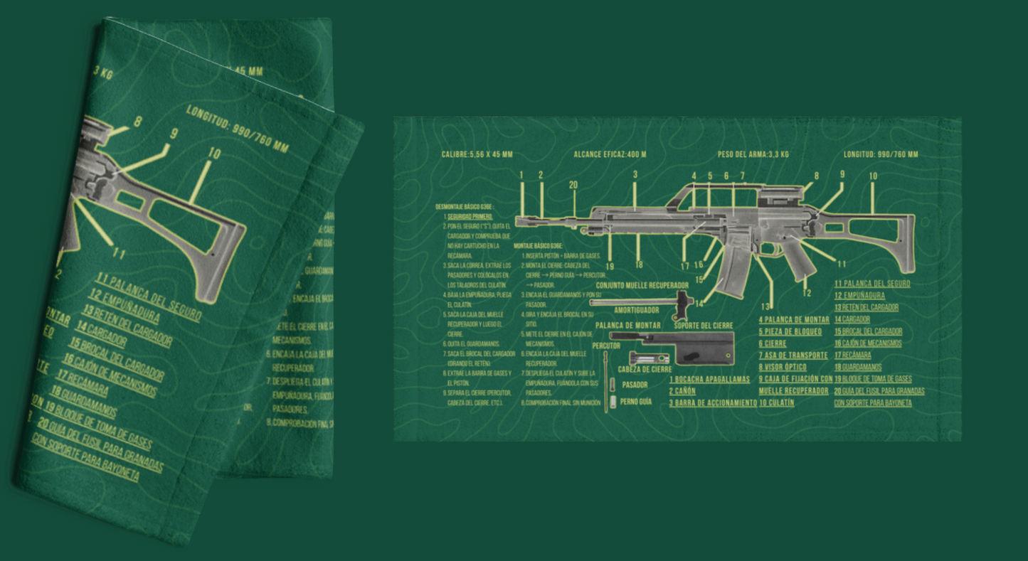 Toalla táctica verde 30x60 con diseño del despiece del fusil HK G36, doble cara para mantenimiento y limpieza.