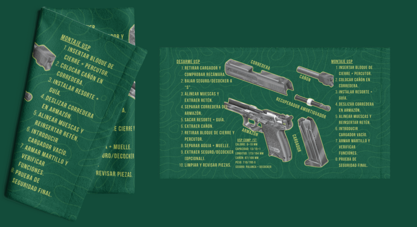 Toalla táctica verde 30x60 con diseño del despiece de la pistola USP, doble cara para mantenimiento y limpieza.