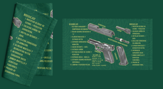 Toalla táctica verde 30x60 con diseño del despiece de la pistola USP, doble cara para mantenimiento y limpieza.